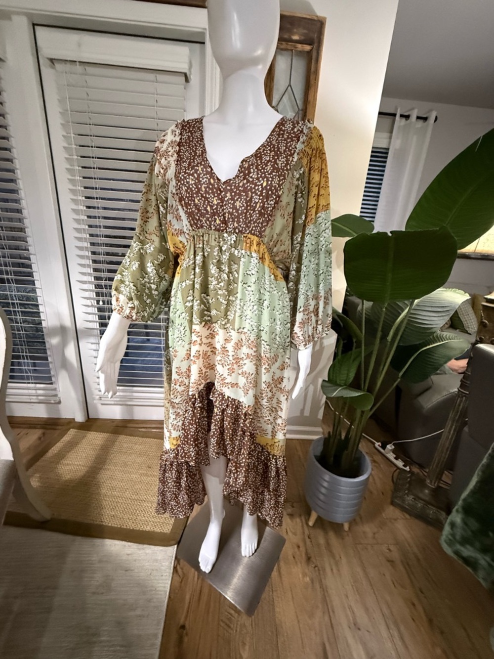 Umgee Boho Patchwork Maxi Dress in Brown, Green & Cream